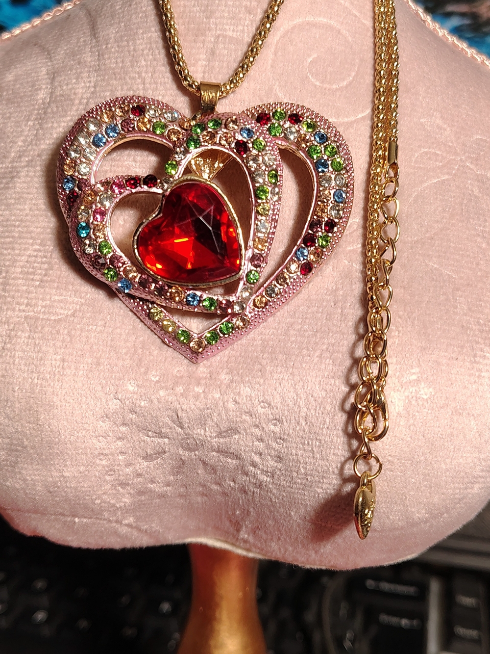 Betsey Johnson Gold-Tone Multicolor Crystal Heart Necklace with Red Center.
